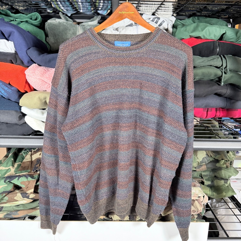 Towncraft Mens Large Striped Crew Neck Sweater Acrylic Knit Made in Korea